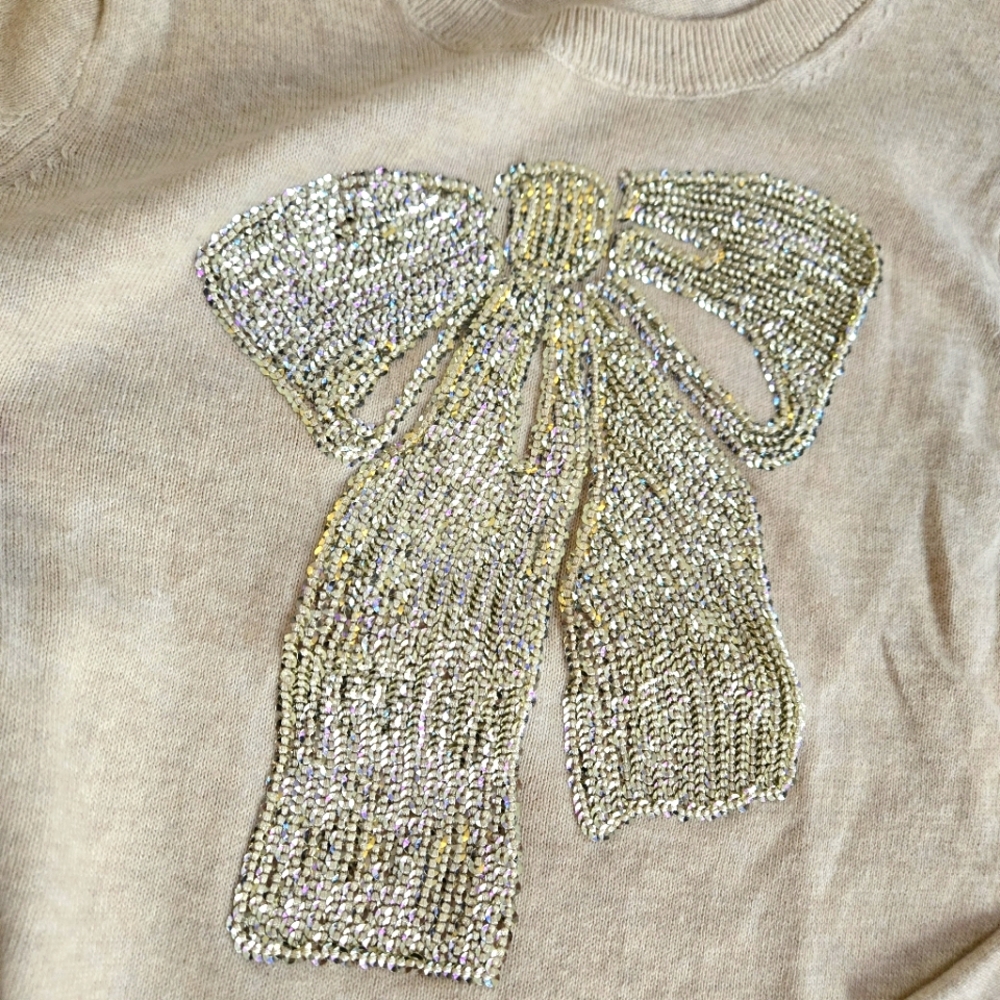 Crewcuts Girls Oatmeal Cotton Sweater  Silver Sequin Bow Design 8 - Picture 3 of 7